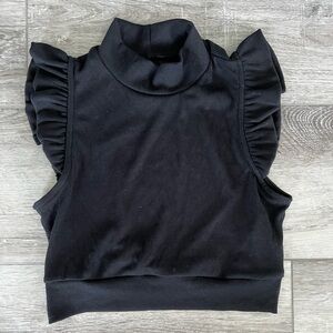 High neck, ruffle sleeve black crop tank top size L